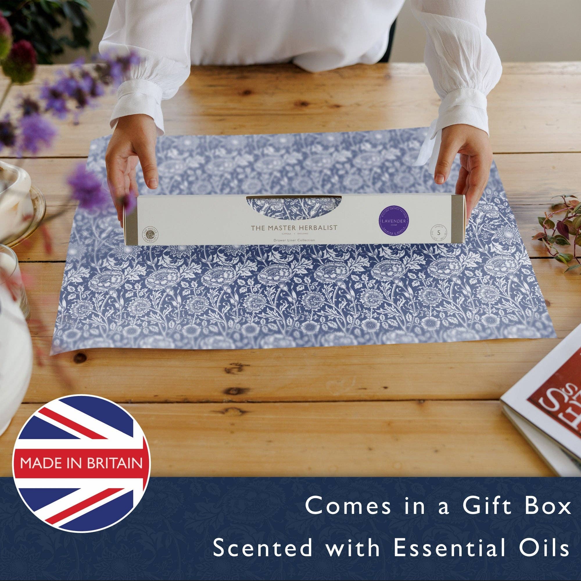 The Master Herbalist - Wholesale Drawer Liner - LAVENDER SCENTED Drawer Liners in BLUE William Morris Design1