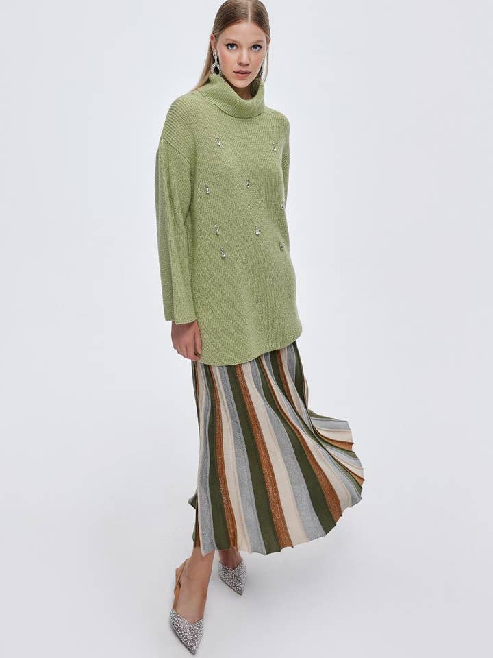 Lurex geplooide gebreide rok kaki groen voor wholesale door Kadriye Baştürk