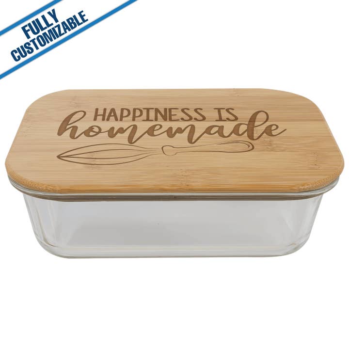 GiftWorksPlus - Wholesale Food Storage Container - Rectangle Glass Container - Bamboo Lid - Fully Customizable