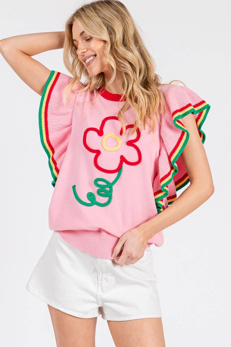 PINK FLORAL RUFFLE KNIT SWEATER TOP  for wholesale on Faire10