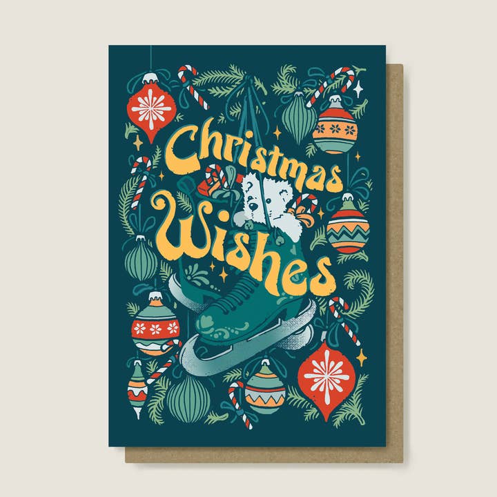 Christmas Wishes Teddy and Skates Christmas Card for wholesale by flight & fancy