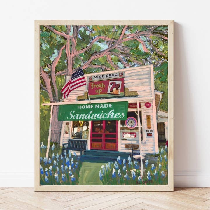 Avenue B Grocery Austin Print for wholesale by El Baker Art