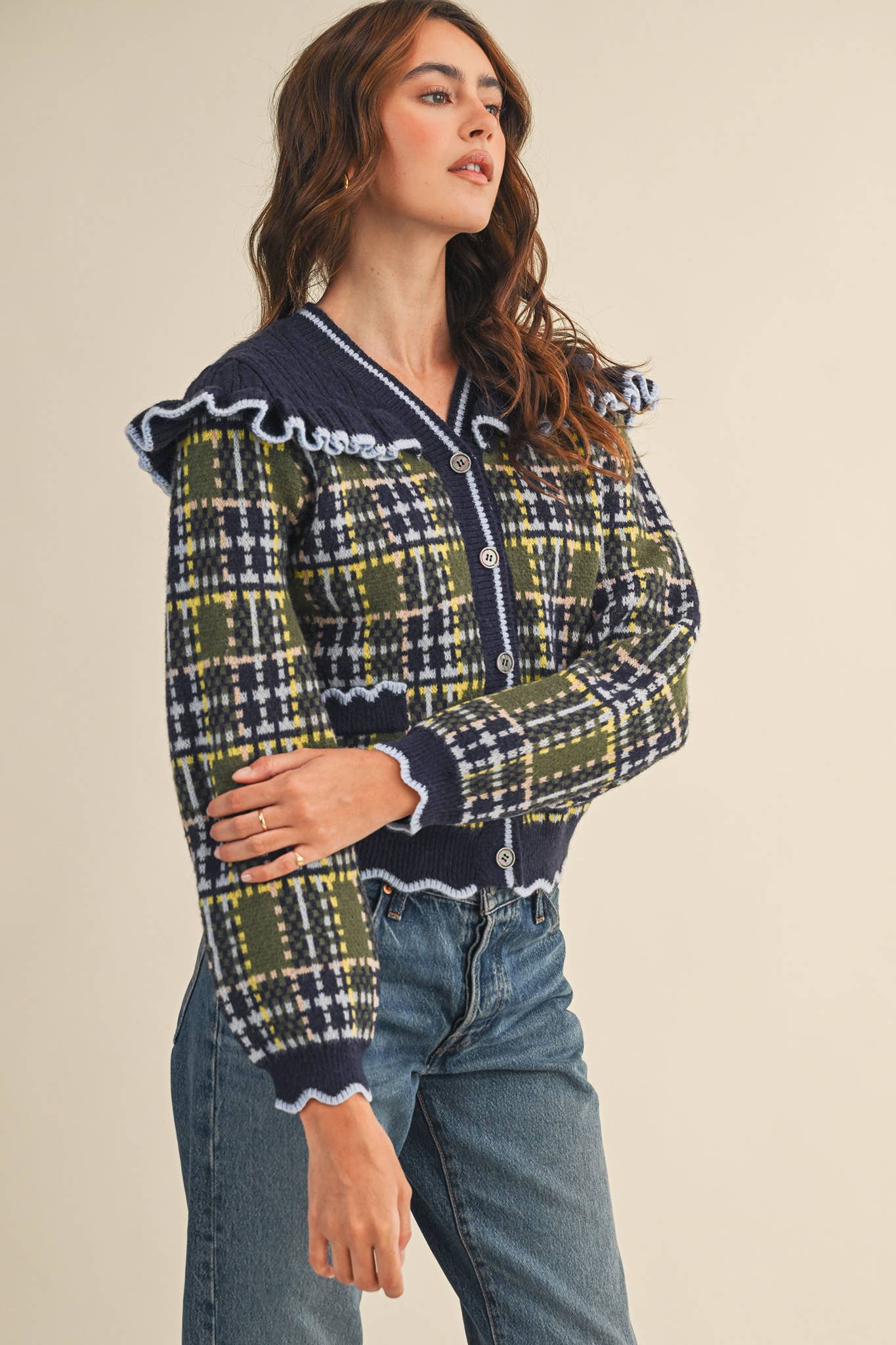 &MERCI - Wholesale Cardigan - Women's - RUFFLED YOKE PLAID SWEATER CARDIGAN MSW1118512