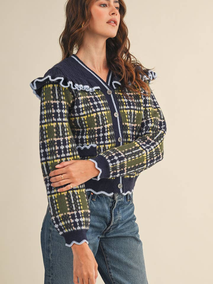 &MERCI - Wholesale Cardigan - Women's - RUFFLED YOKE PLAID SWEATER CARDIGAN MSW1118512