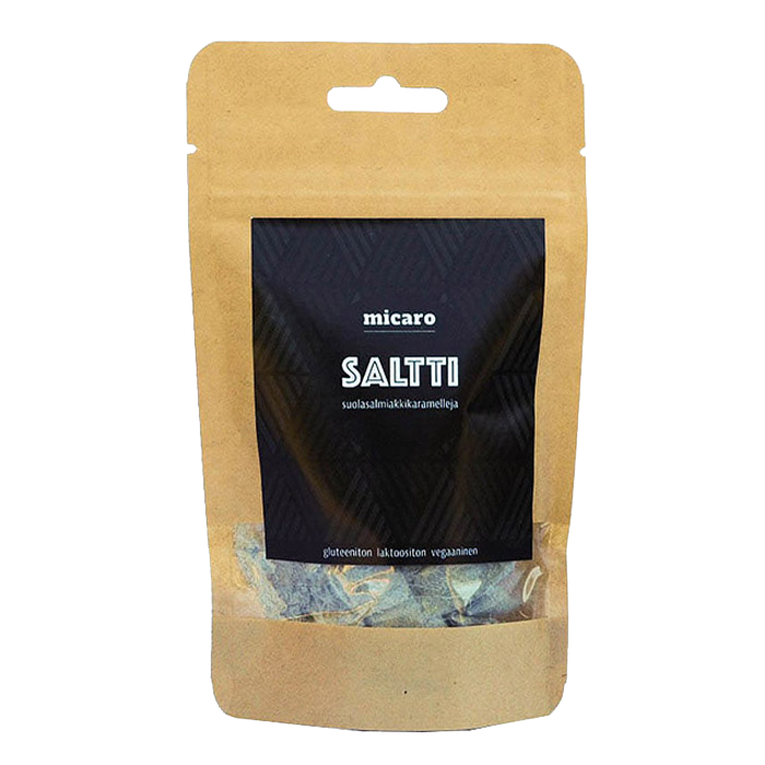 Micaro Makeiset Oy – rebuçados por atacado – Saltti - Caramelo com sal, salmiak e sabor forte1