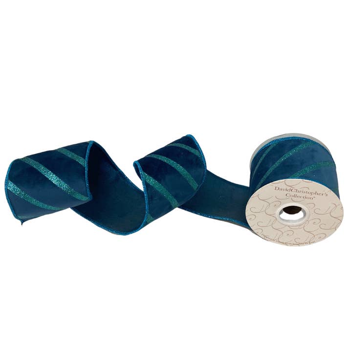 David Christopher's Collection - Wholesale Ribbon - Gift Wrapping - 4"X10YD Green Glitter Diagonally Stitched Dark Teal Ribbon
