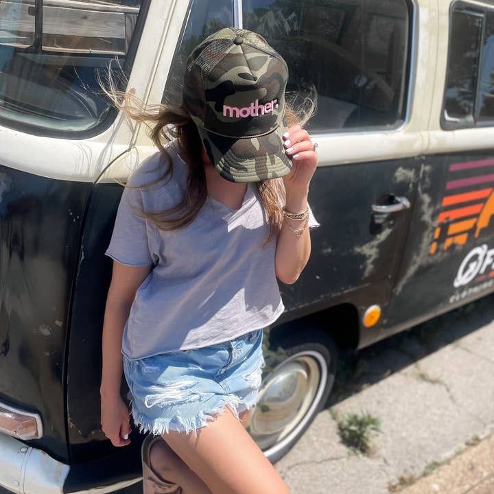 Mother Embroidered Trucker Hat - Camo + Baby Pink for wholesale on Faire