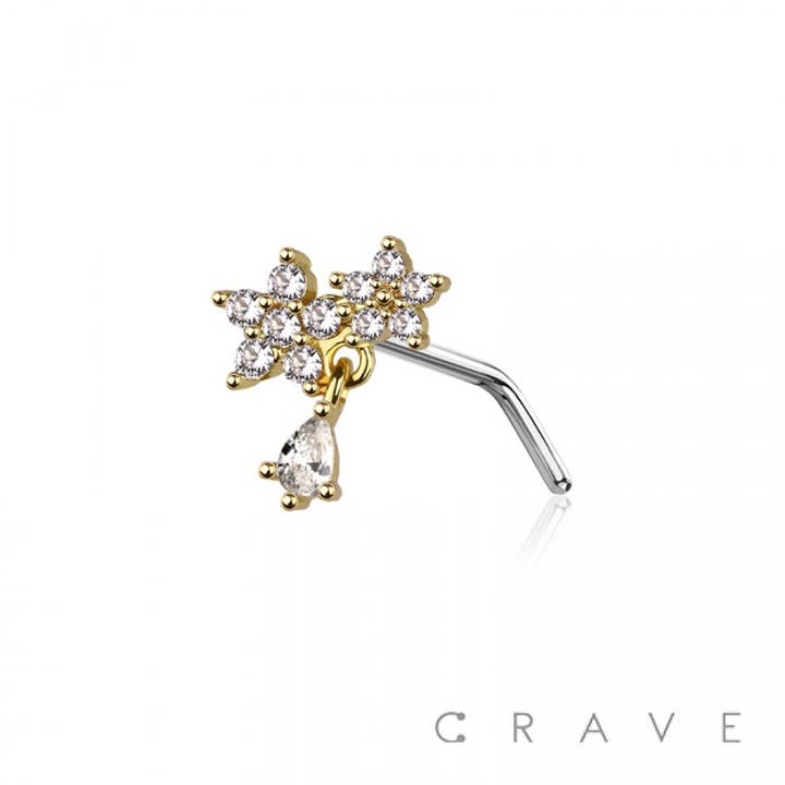 CRAVE BODY JEWELRY - Wholesale Nose Ring - CZ DOUBLE PRONG FLOWER 316L SURGICAL STEEL L-SHAPE NOSE STUD