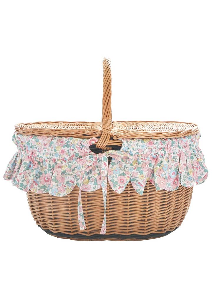 Panier de pique-nique ovale fabriqué avec tissu Liberty BETSY CANDY FLOSS pour la vente par Coco & Wolf