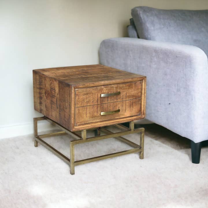HomeRoots - Wholesale Side Table - 21" Brass And Brown Solid Wood And Iron Square End Table3