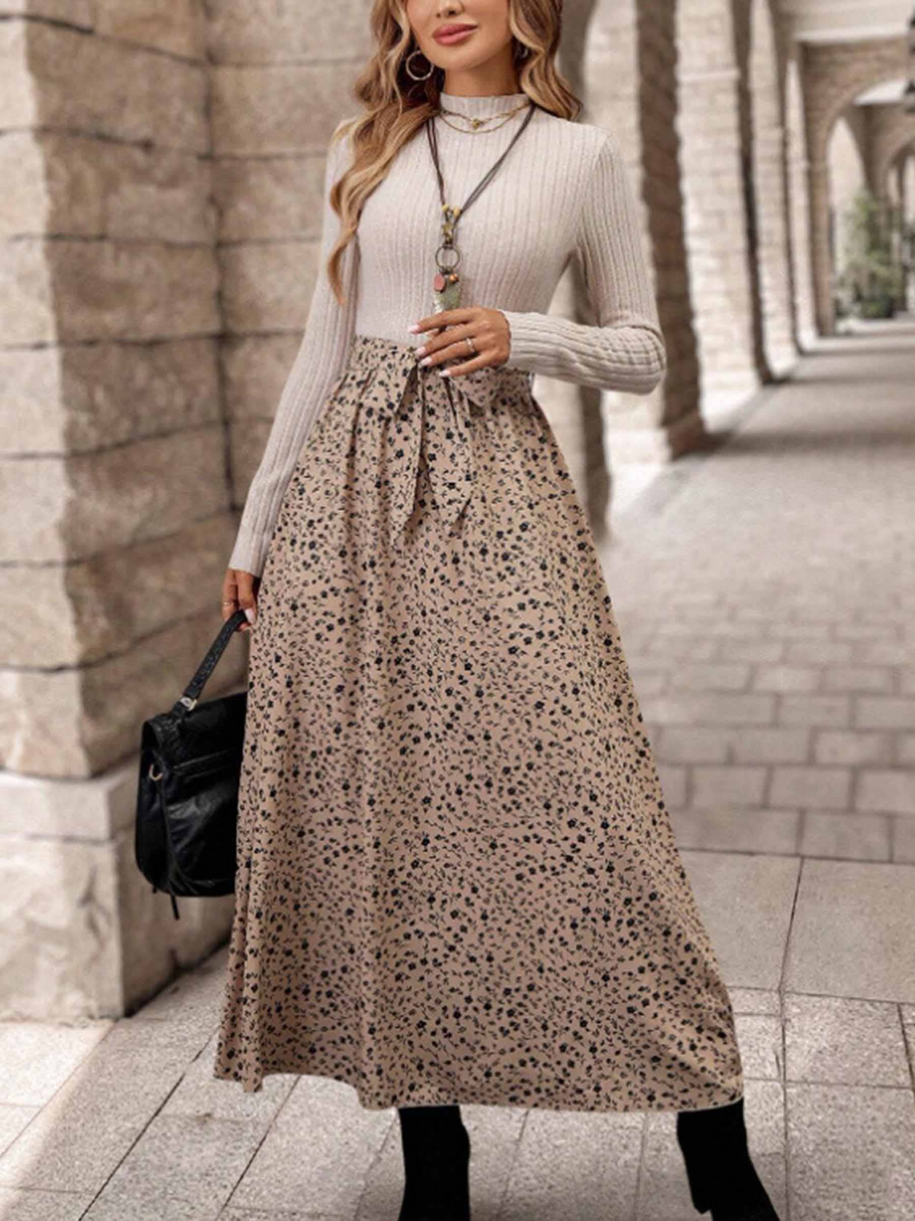 Brown Long Sleeved Leopard Print Patchwork Lace Up Dress for wholesale on Faire0