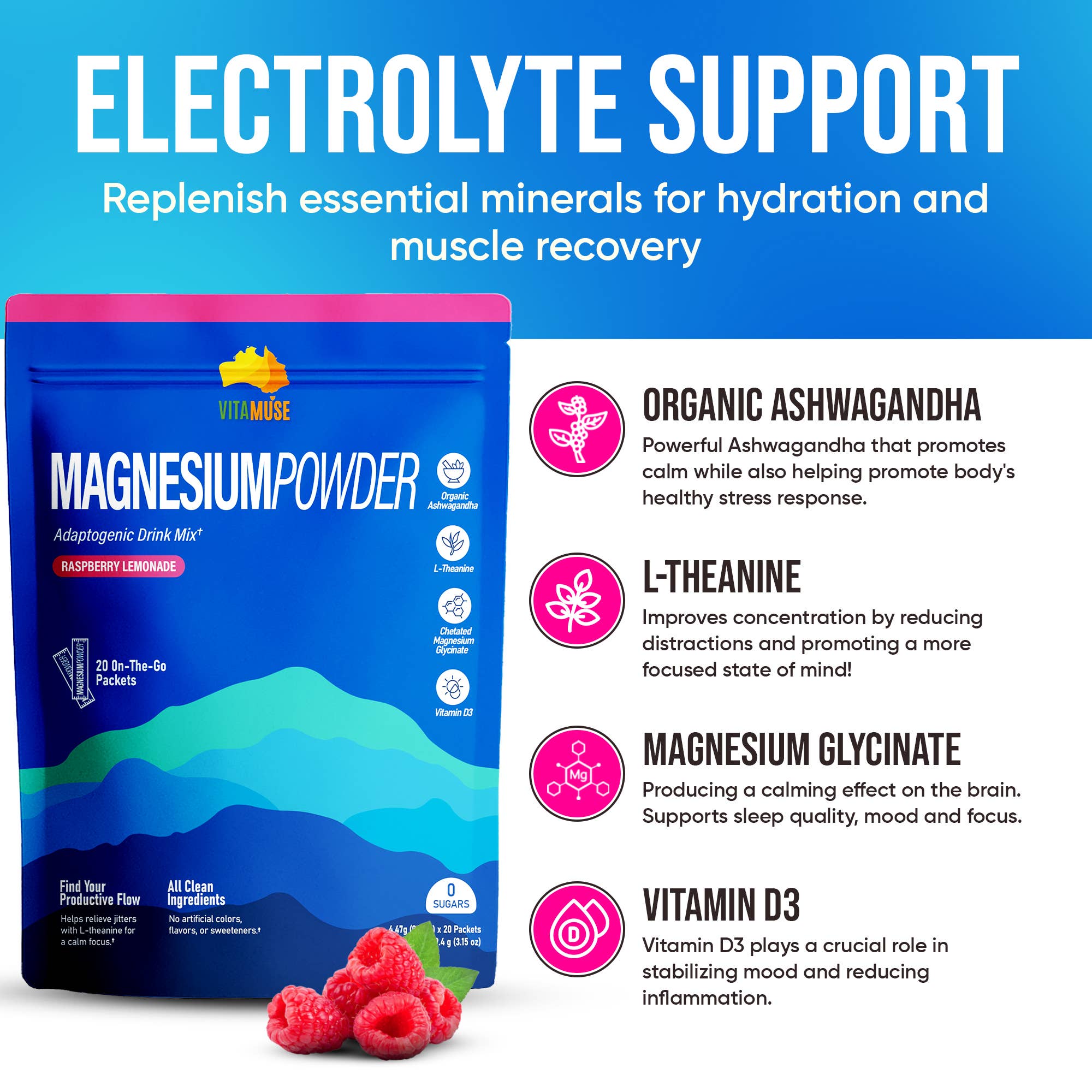 Happy Geo Inc - Wholesale Powdered Health Drink - Adoptogenic Magnesium Drink Mix, Raspberry Lemonade Flavor, 1