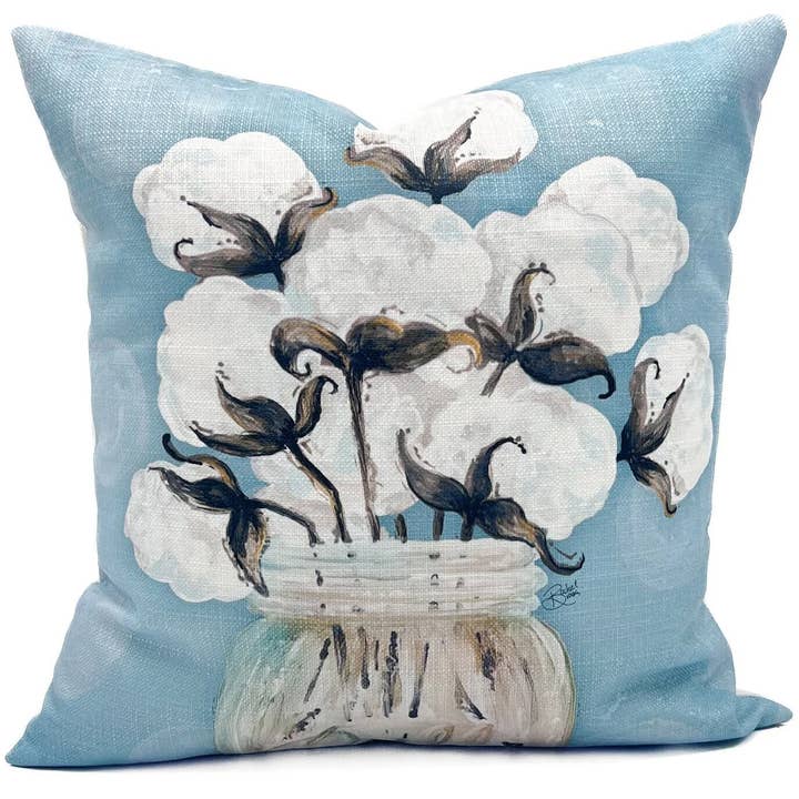 Blue Cotton in Mason Jar Pillow - Fall Throw Pillow for wholesale by Rachel Brooks Design, LLC
