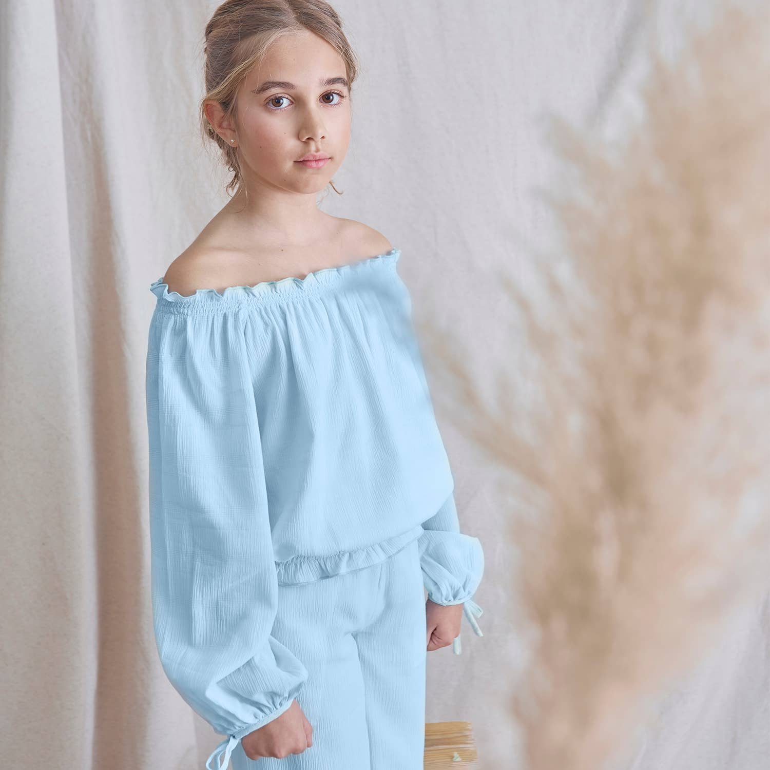 light blue Bambula Color Blouse With Off Shoulders For Girls for wholesale on Faire1