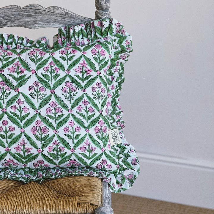 Cristina Cisneros - Wholesale Chair Cushion - BLOCK PRINT FLORAL GREEN RUFFLE CUSHION2