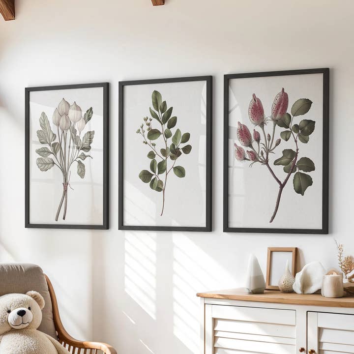 Rustic Botanical Print Set of 3. Vintage Flowers Wall Art for wholesale by PrintSets.com