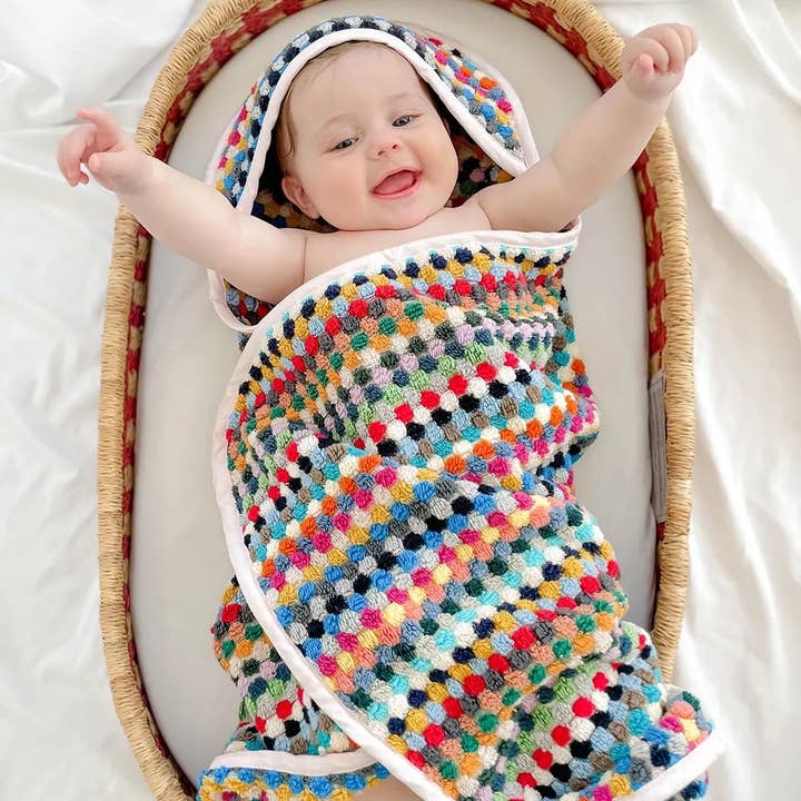 Hooded Baby Towel Pompom Square Swaddle Organic Cotton for wholesale by Buld&Co.