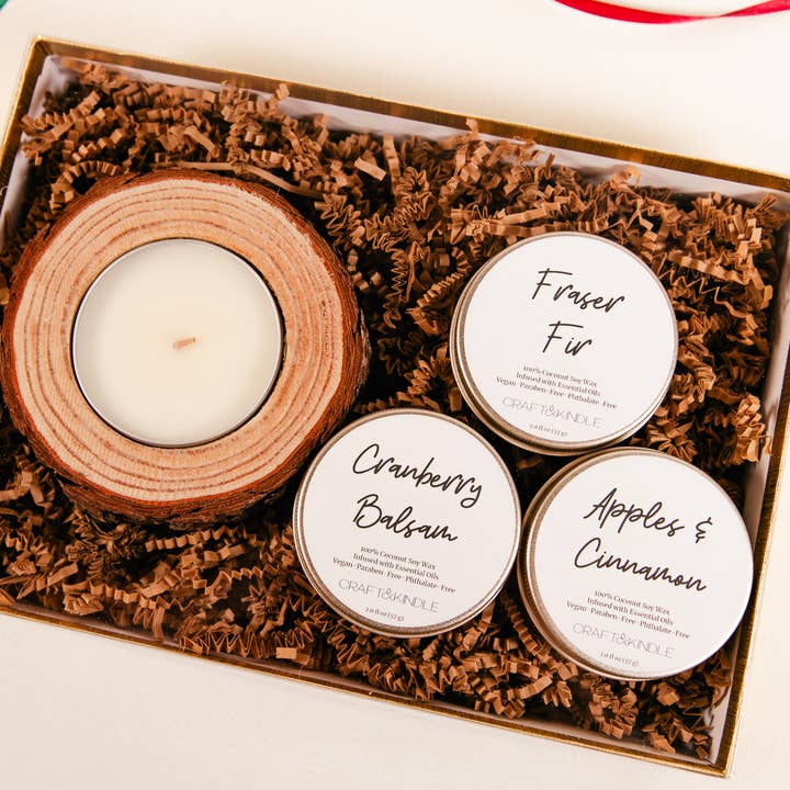 Wood Slice Candle Gift Box - Christmas Holiday Set for wholesale by Craft&Kindle