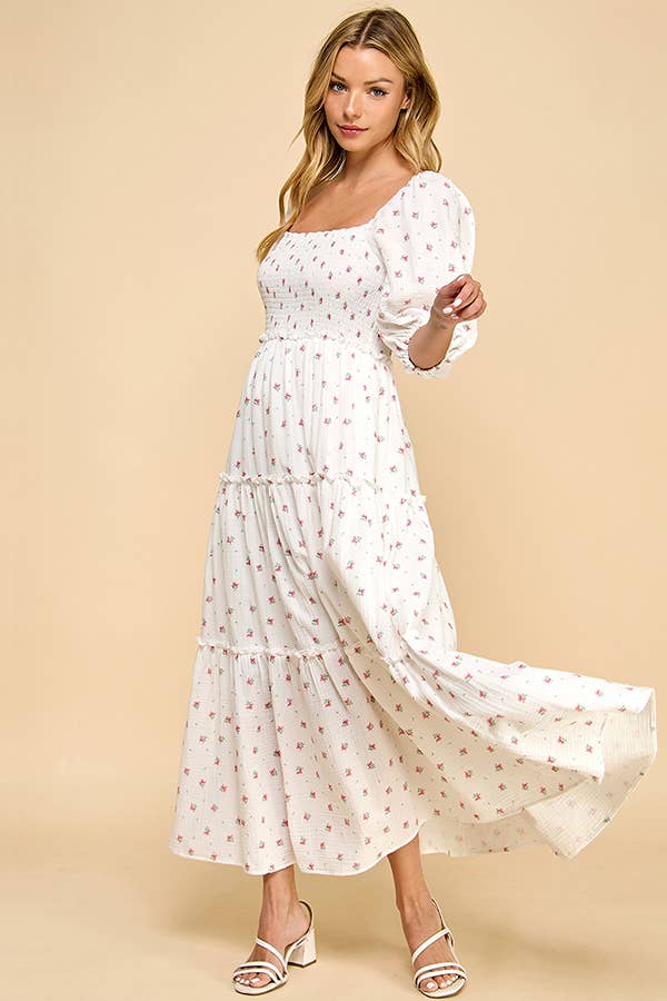 Million Colors - Vendita all'ingrosso Vestito - Donna - Abito Midi a Balze con Maniche a Sbuffo e Motivo Floreale Rosso Off-White di Hattie2