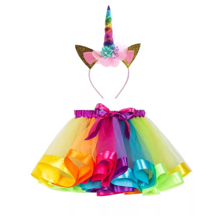 Conjunto de Tutú Mágico de Tul en Capas y Diadema de Unicornio - Arcoíris con Orejas de Purpurina Dorada para venta al por mayor de YOUnicorn Kidz