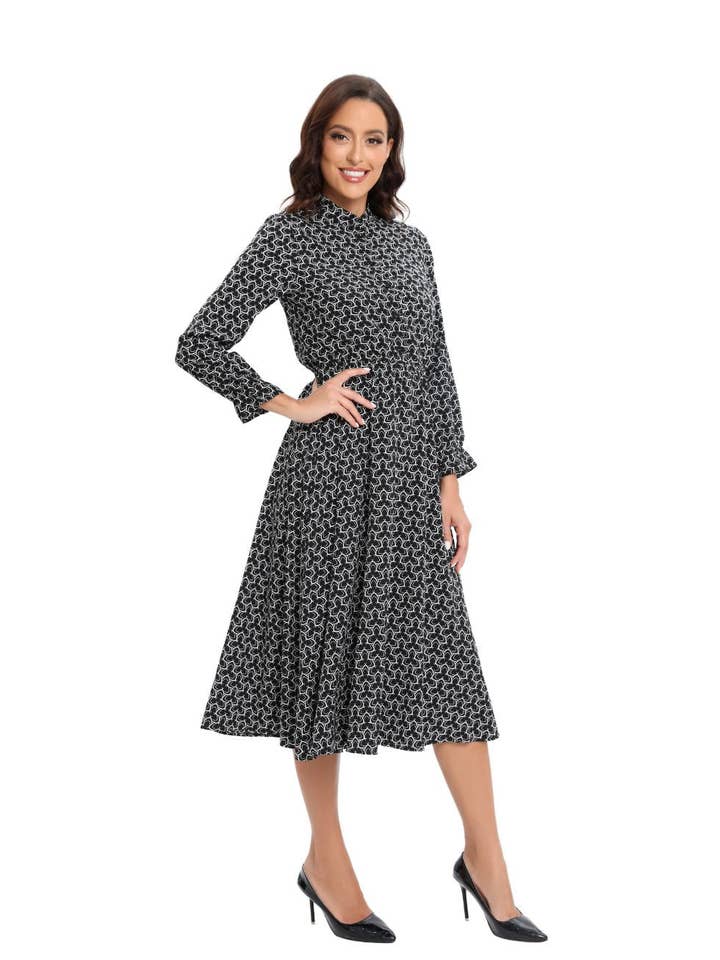 Long Sleeve Modern Print Modest Midi Dress for wholesale by Miss Finch NYC