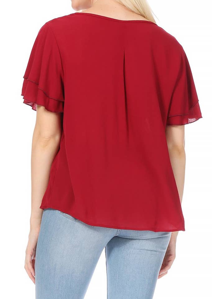 MOA COLLECTION - Wholesale Blouse - Women's - Casual Solid Flowy Short Flutter Sleeve Key Hole Blouse6
