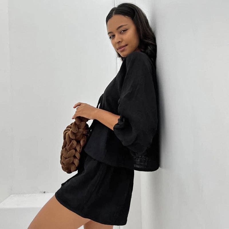 Marayn – wholesale Top & short set (NOT loungewear) – Women’s – French Autumn Chic Bubble Sleeve Top  Shorts Set4