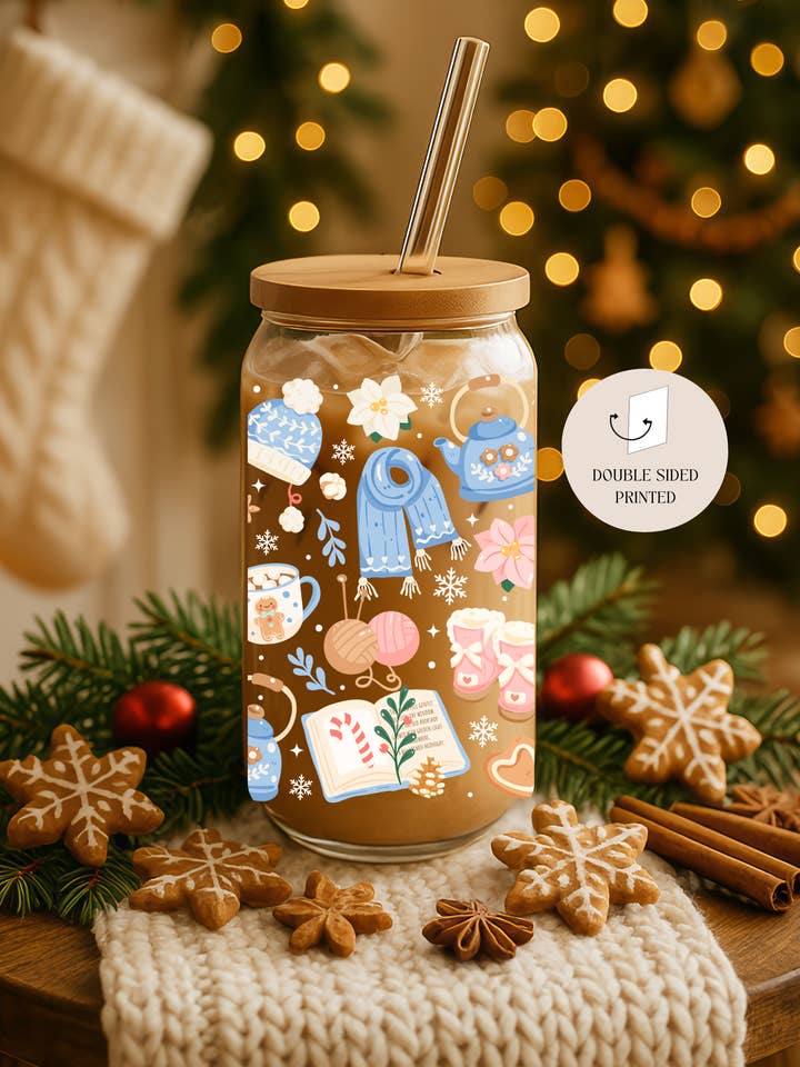 Cozy Winter Double Sided Glass Tumbler with Lid & Straw for wholesale by the cute cloud
