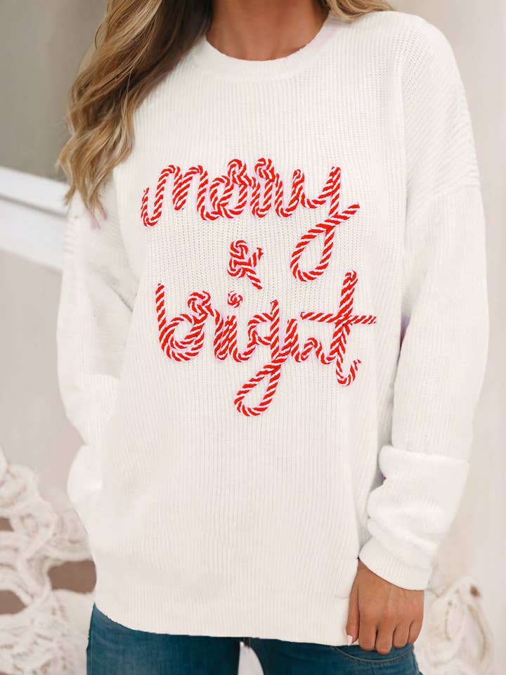 LDC Striped Merry Bright Letter Christmas Sweater for wholesale by Little Daisy Closet