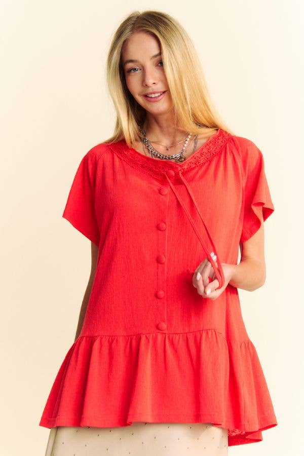 Davi & Dani - Vendita all'ingrosso Maglietta - Donna - TOP PEPLO A MANICHE CORTE CON SCOLLO IN PIZZO TINTA UNITA12