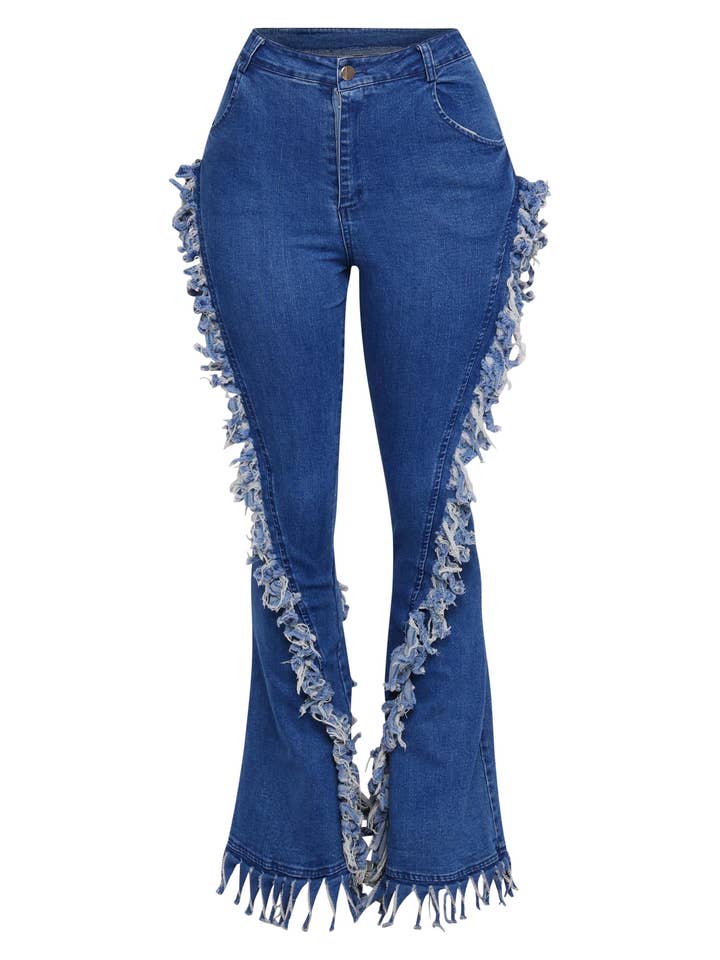 Pantaloni a zampa in denim con frange e strappi taglia forte per la vendita all'ingrosso da parte di K Too