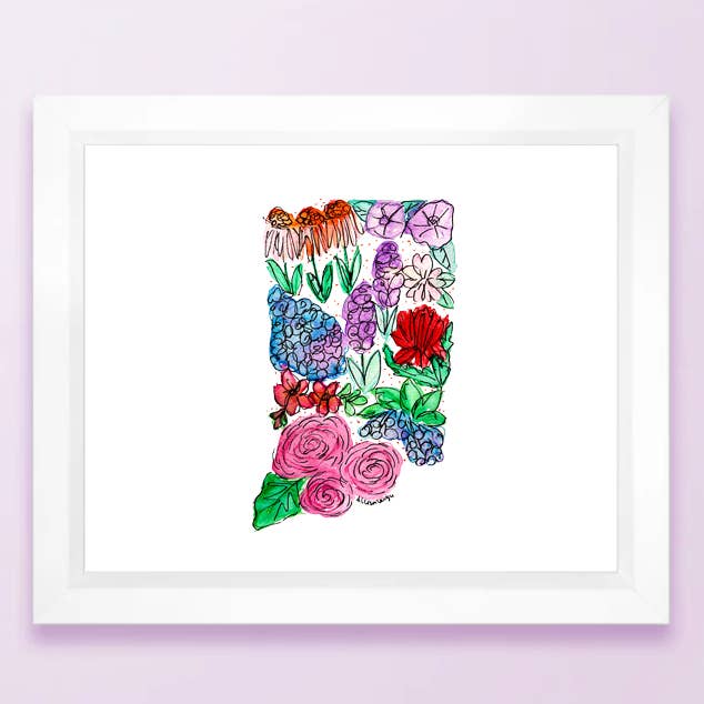 Stampa mappa dello stato floreale - Indiana per la vendita all'ingrosso da parte di Allison’s Illustrations