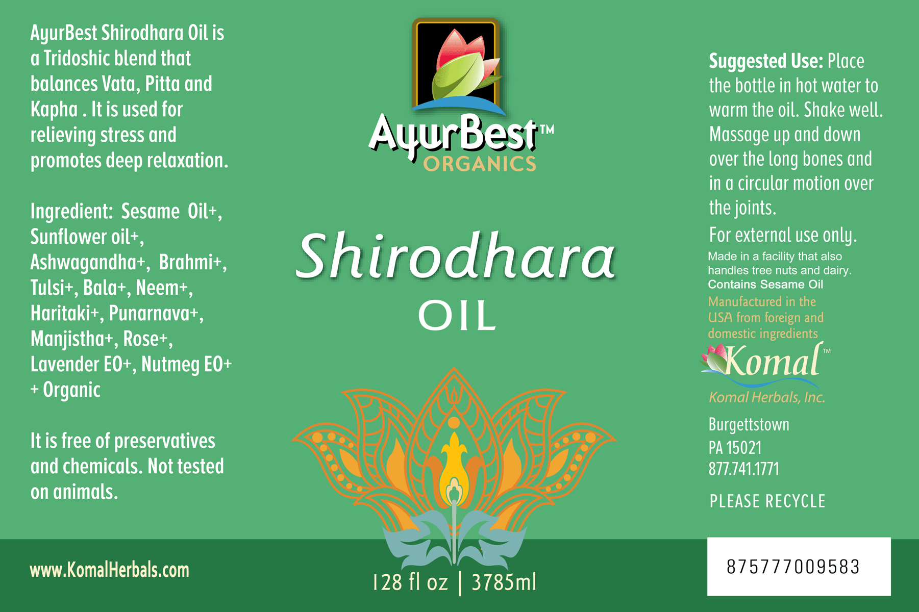 Komal Herbals, Inc - Wholesale Essential Oil - AyurBest Shirodhara Oil1