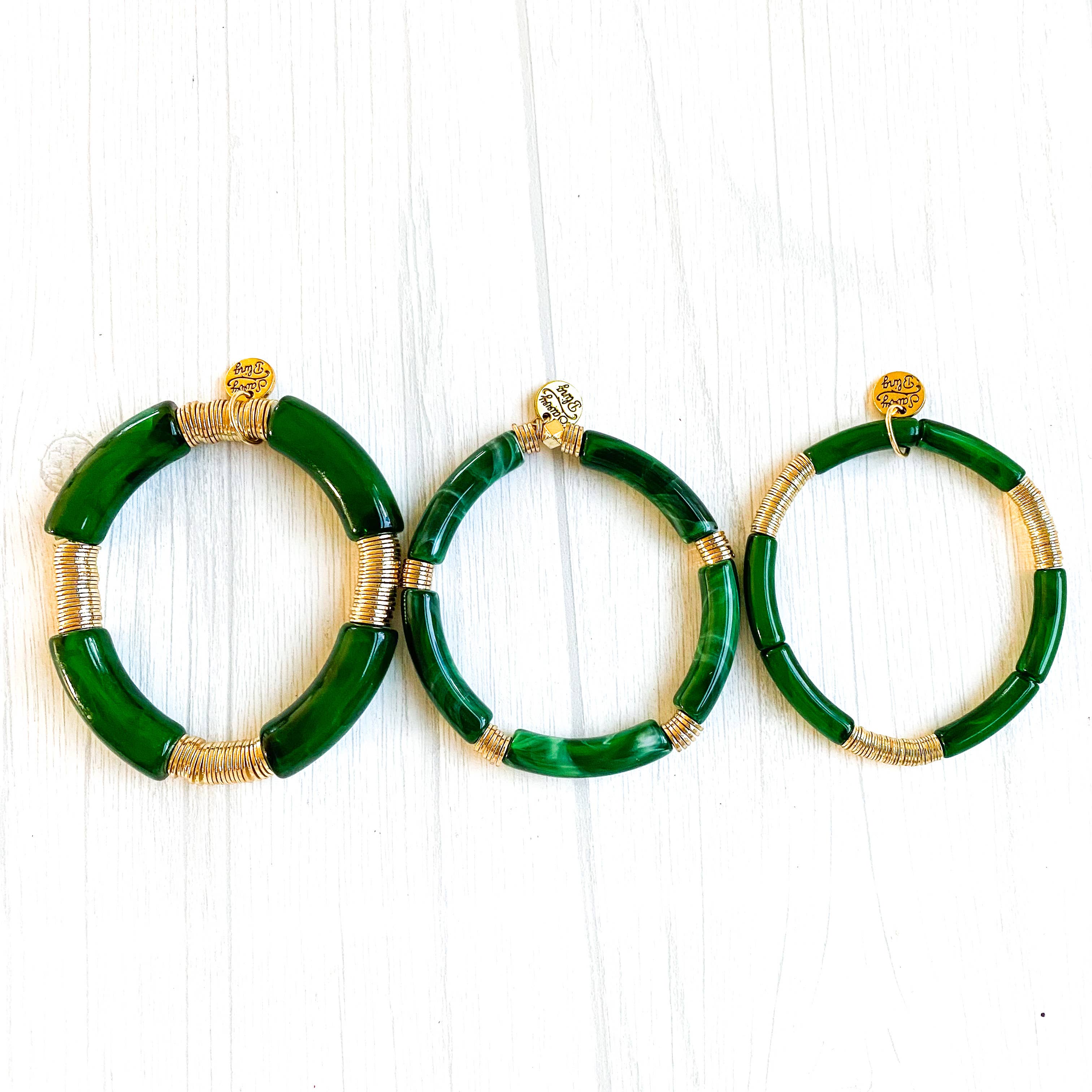 Savvy Bling - Wholesale Beaded Bracelet - Green & White Marble Tube Bamboo Bracelet5