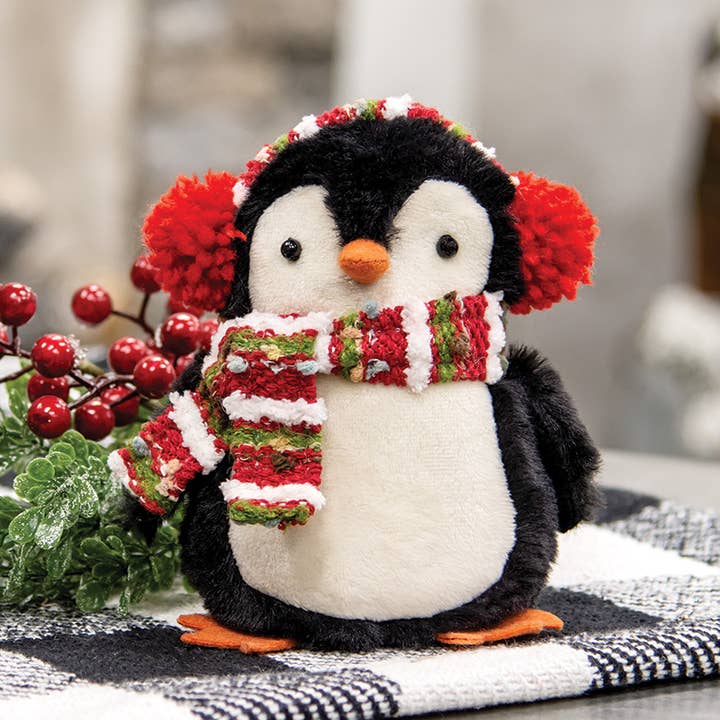 Bright Ideas – Großhandel Weihnachtsschmuck – Mehrgestreifter Weihnachts-Pinguin mit Ohrenschützern1
