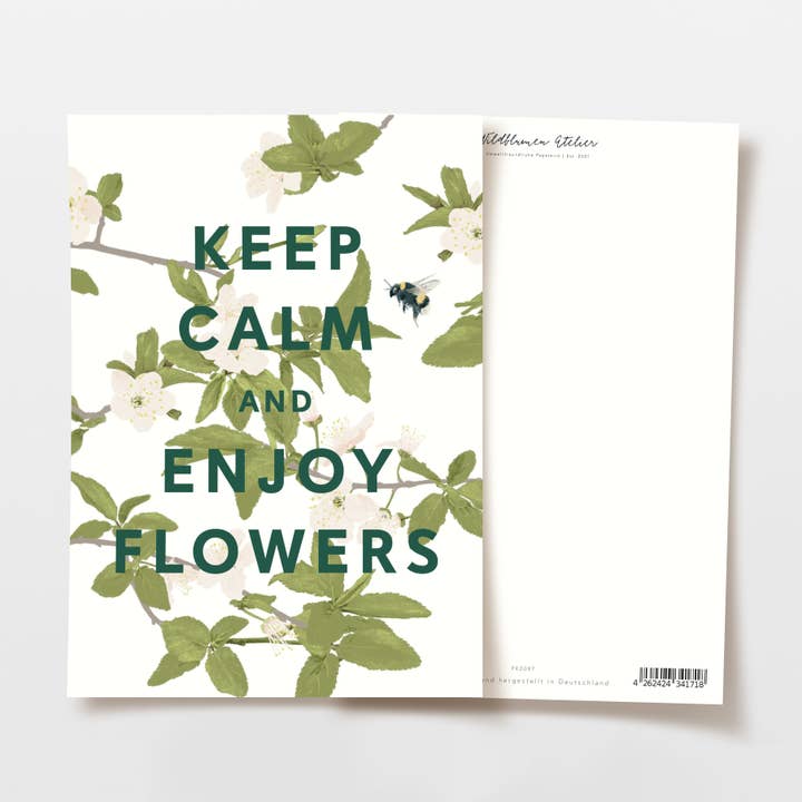 Postcard 'keep calm' cherry blossoms with bumblebee, FSC certified. for wholesale by Wildblumen Atelier