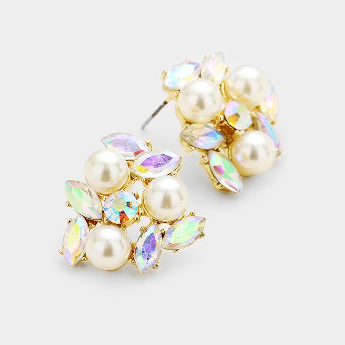 Sensibling Corp. - Wholesale Stud/Post Earrings - Pearl Oval Glass Crystal Cluster Earrings1