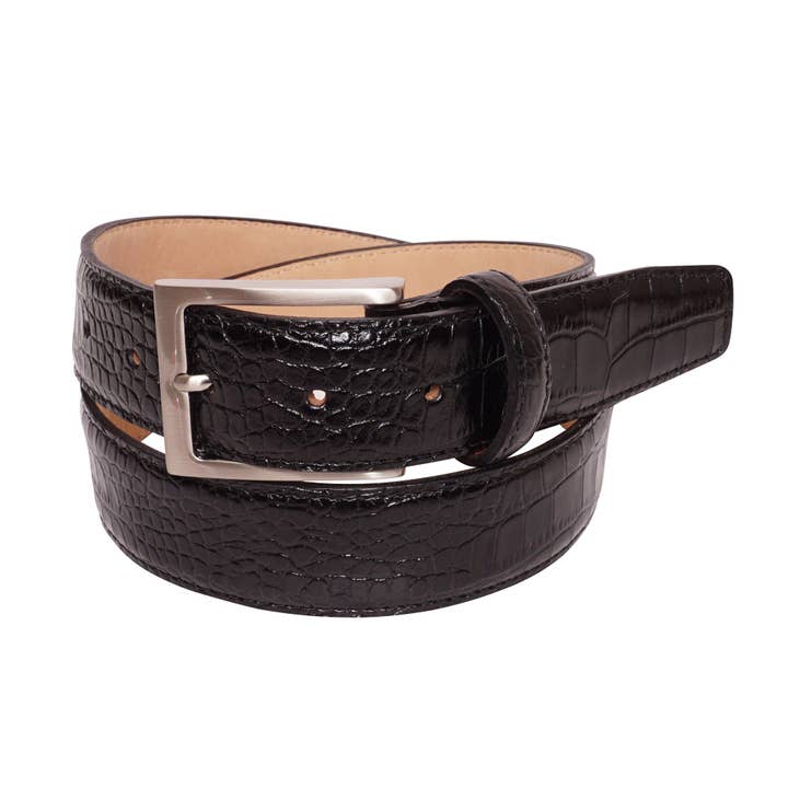 Black Exotic Leather Dress Belt for wholesale by YRI Custom Designs