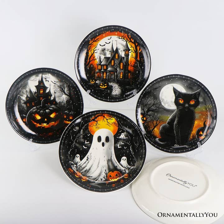 OrnamentallyYou – wholesale Tableware set – Haunted Night Set of 4 Plates, Black Halloween Tableware3