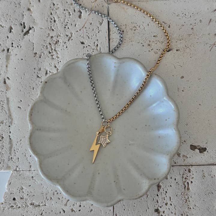 Amady Jewelry - Wholesale Pendant/Charm Necklace - Thunder and star charm pendant necklace two tone silver gold4
