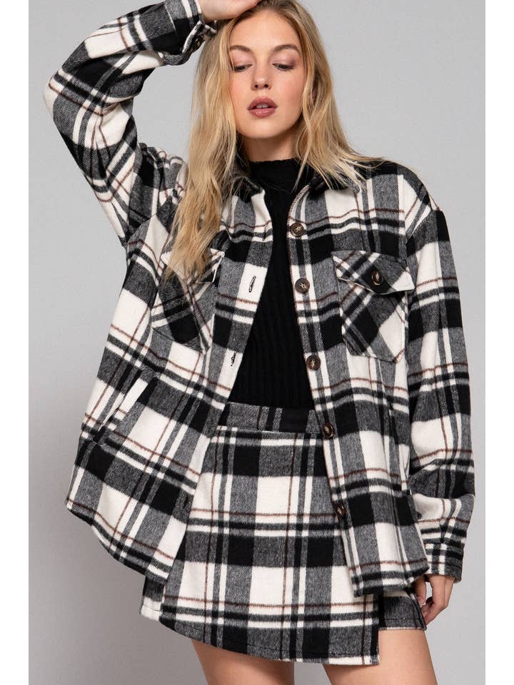 Active Basic | Active USA - Wholesale Shirt Jacket/Shacket - Women's - Long Sleeve Wool Blend Plaid Button Down Casual Jacket