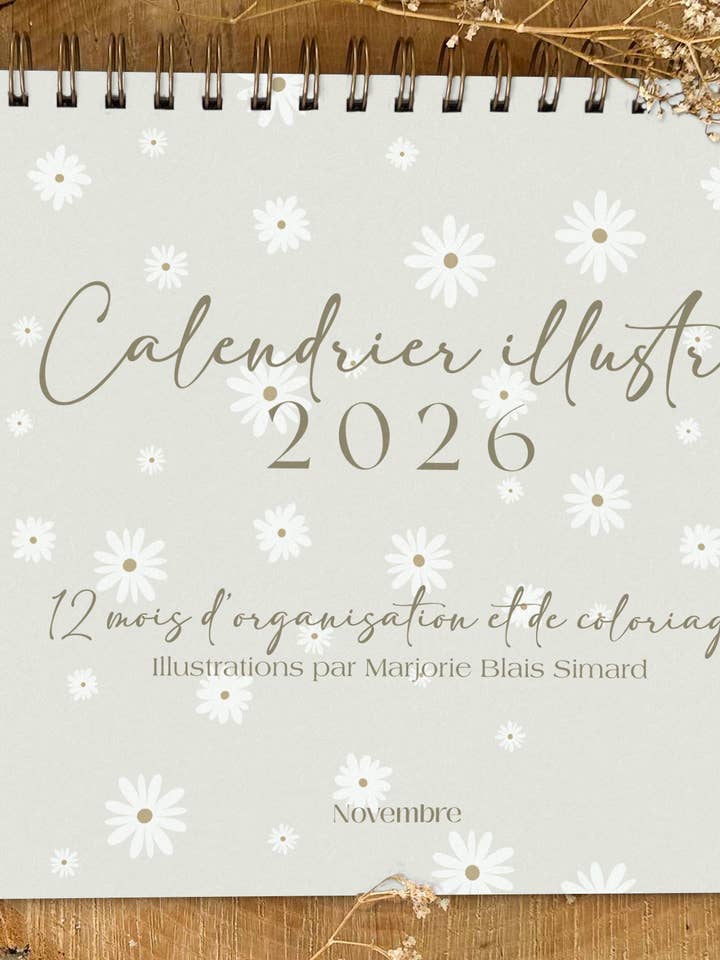 Calendrier illustré 2026 à colorier Fleurs blanches pour la vente par Novembre Boutique