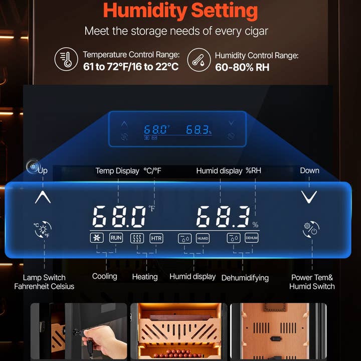 VEVOR Humidor Elétrico, 105L, Humidor Elétrico para Charutos com Capacidade para 1000 Unidades com Refrigeração por Compressor, Controlo Constante de Humidade e Temperatura, Prateleiras e Gavetas em Madeira de Cedro Espanhol, 4 Camadas, para Uso Doméstico por atacado de Slow Burn Flame