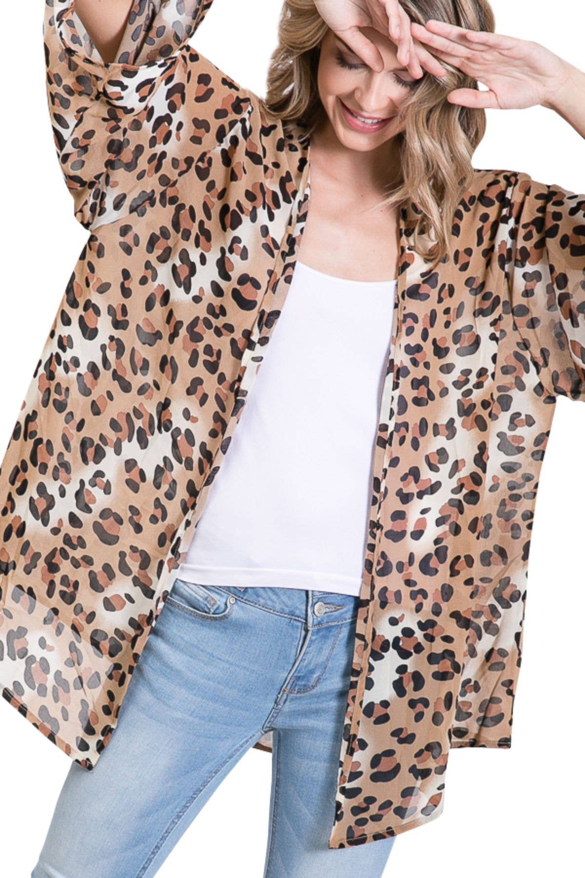 Shop Lev - Vendita all'ingrosso Kimono - Donna - Cardigan oversize in chiffon con maniche a kimono con stampa leopardata leggera3