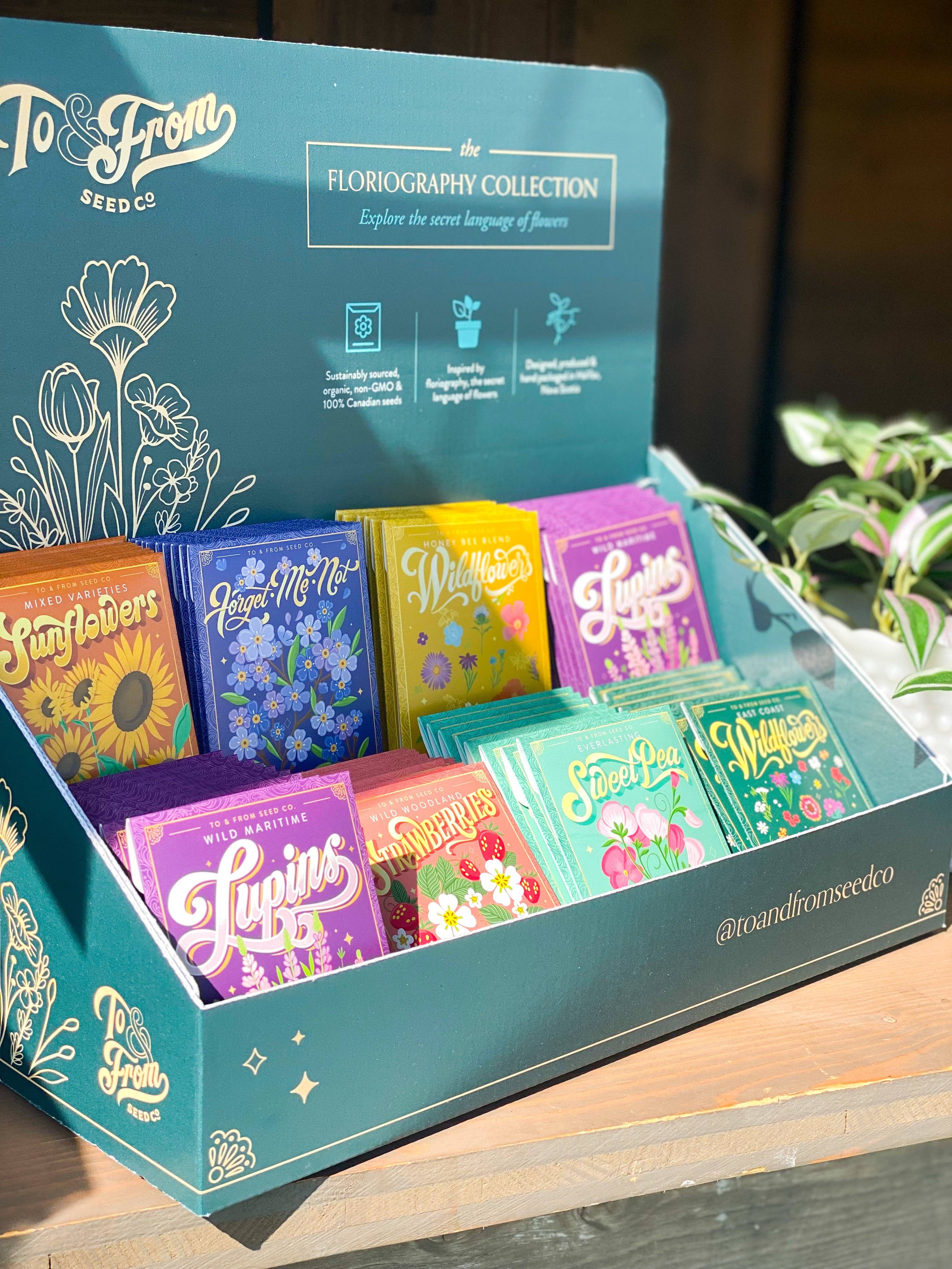 To & From Gift Co. - Wholesale Retailer Display Stand/Case - Floriography Seed Packet Countertop Display (EMPTY)1