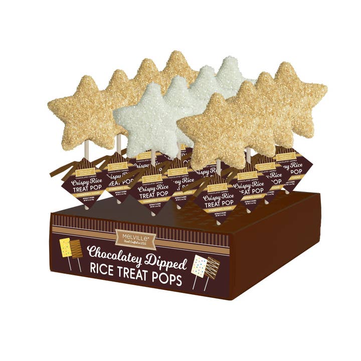 Chocolatey-Dipped Sugar Crystal Rice Treat Pops - White & Gold Stars for wholesale by Melville Candy Company