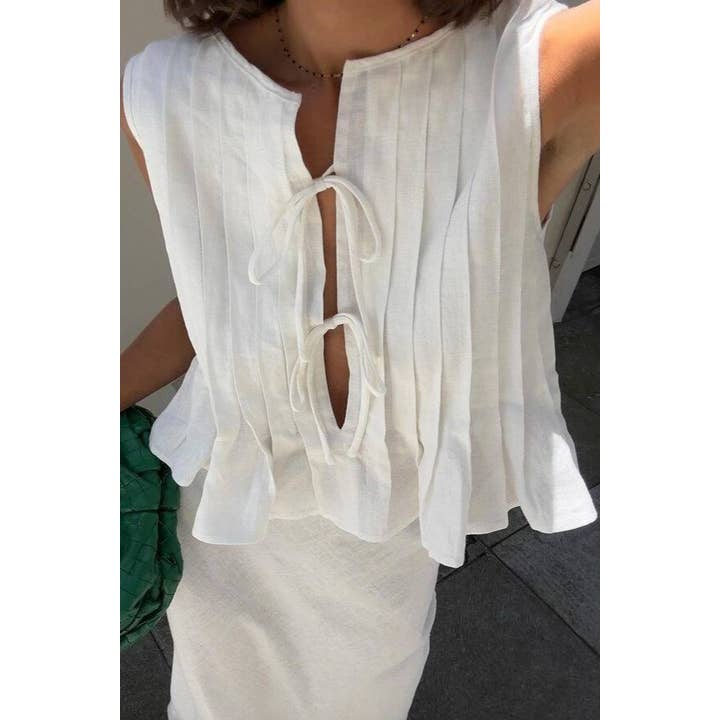 Rosa Clothing - Wholesale Blouse - Women's - pleated bow tie front sleeveless top