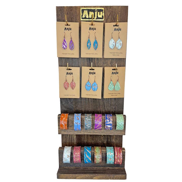 Patina Engraved Copper Earring and Cuff PrePack w. Display for wholesale by Anju Jewelry