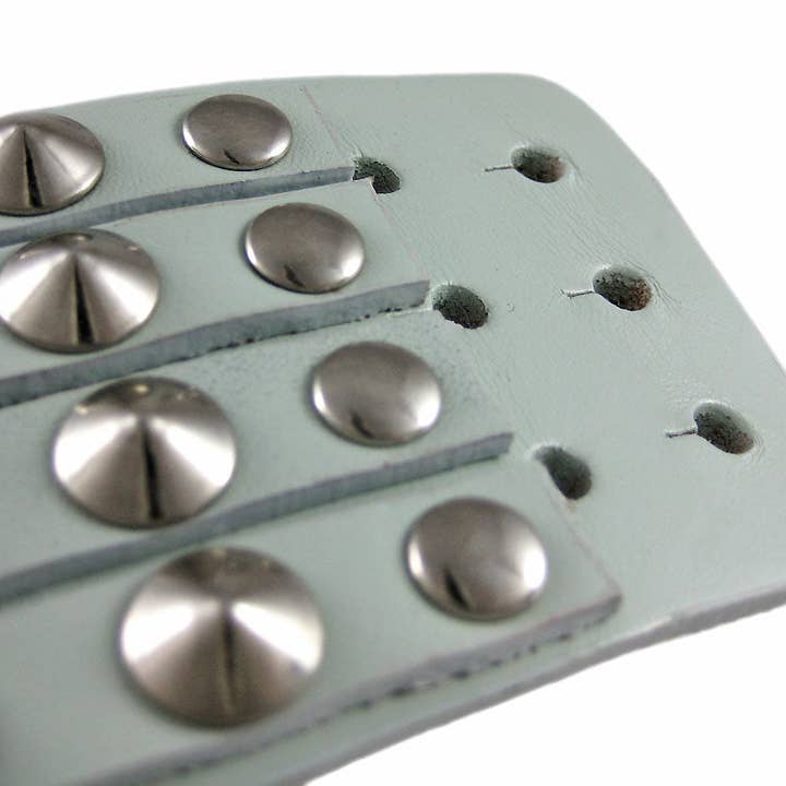 Things2Die4 - Wholesale Wristband - Gray Leather Gauntlet-Style Wristband / Bracelet with 4 Rows of Chrome-Plated Conical Studs - 2 Inches Wide - Fits Wrists 7 1/2 to 8 Inches - Rocker-Wear3