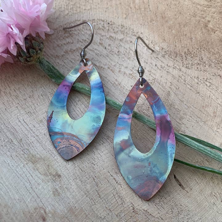 Pointed Teardrop Fire Painted Copper Earrings for wholesale by Positive Shine Jewelry